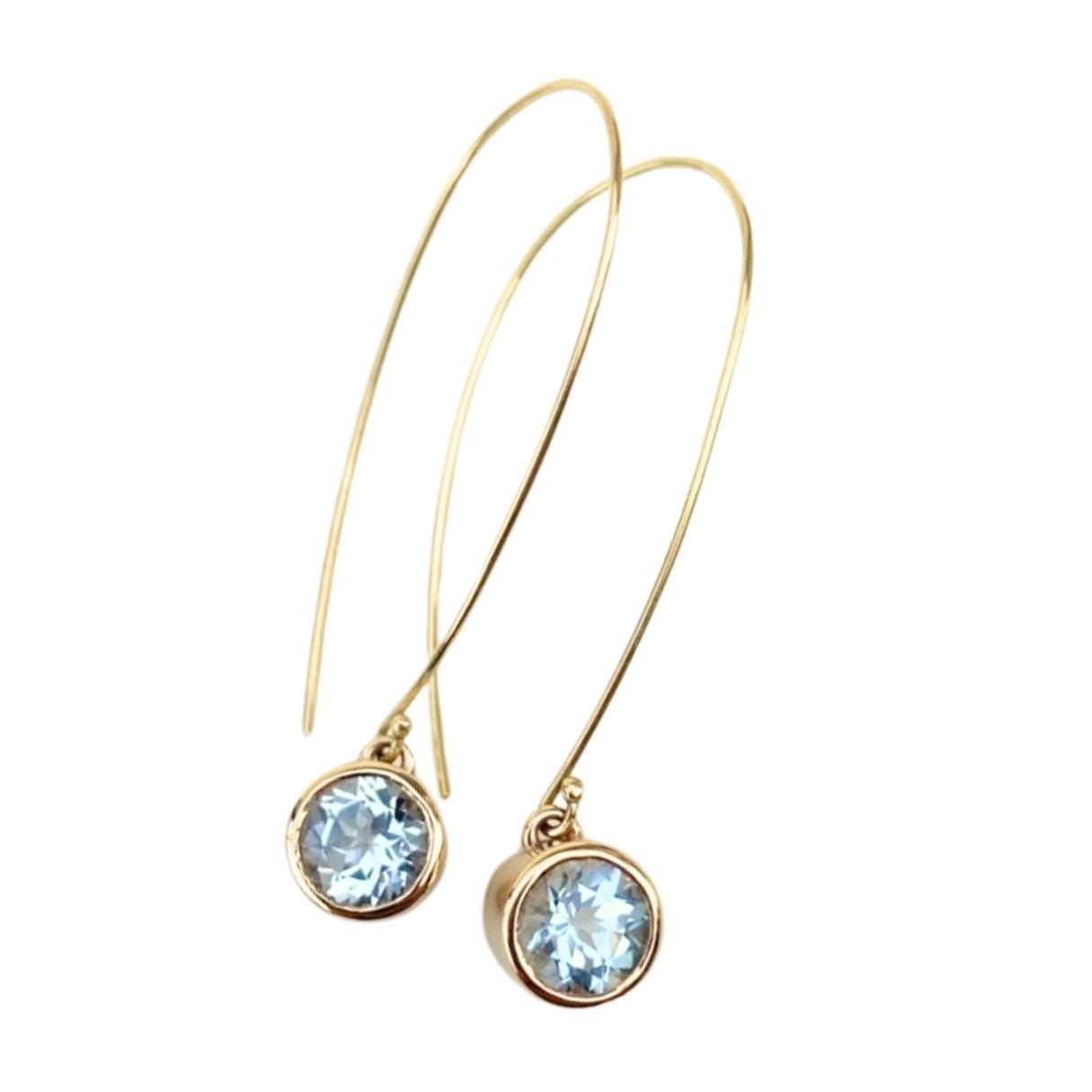 Large Gem Drop Earrings in gold with 6mm faceted aquamarine gemstone, by Nina Alexandra.